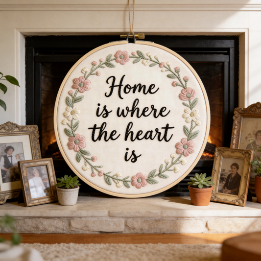 Farmhouse Quote Embroidery Hoop - Home is Where the Heart Is