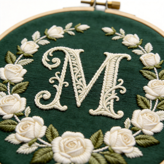 Vintage Monogram Embroidery Hoop - Custom Initial Floral Wreath