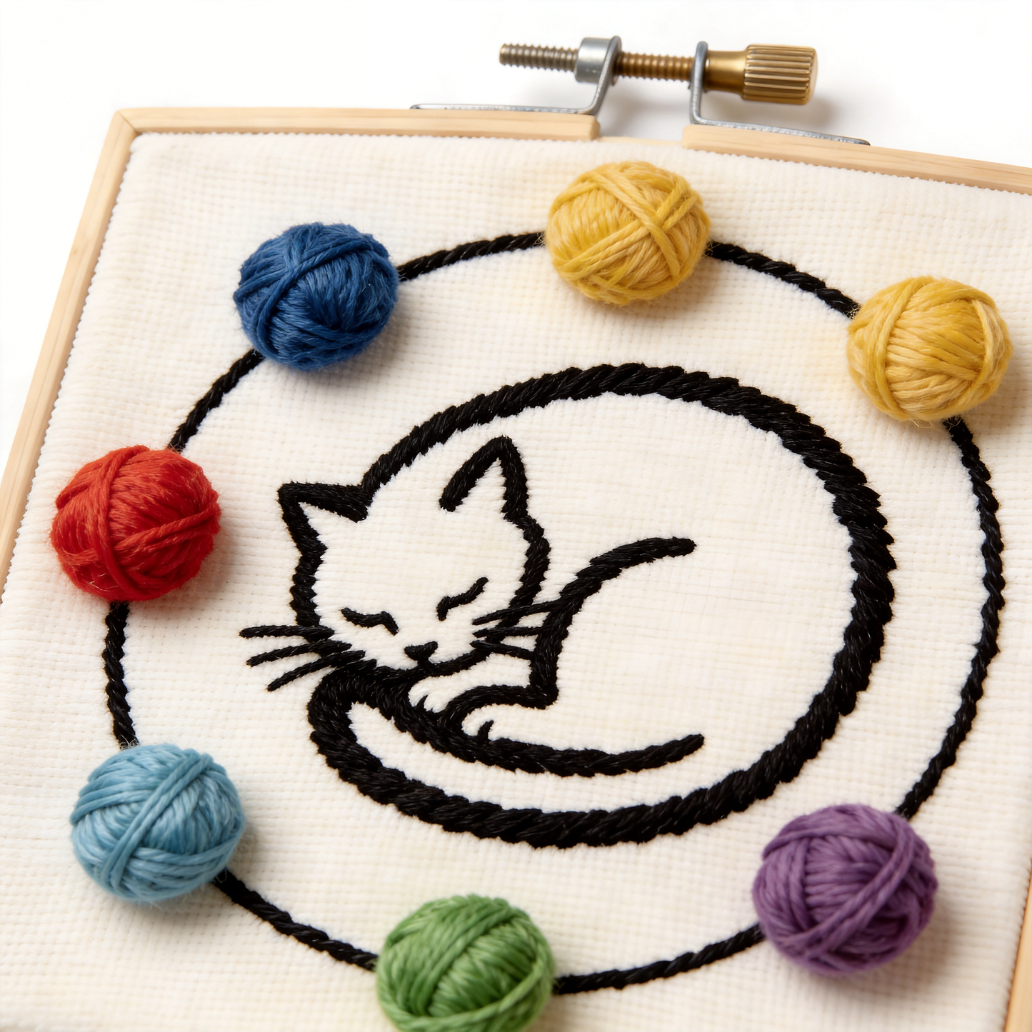 Black Cat Silhouette Embroidery Hoop - Cat Lover Gift with Yarn