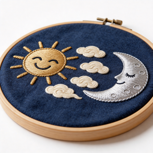 Sun and Moon Embroidery Hoop - Day and Night Celestial Art