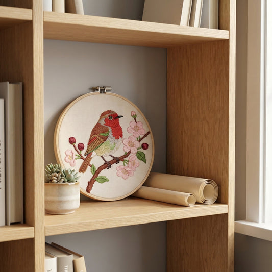 Robin on Cherry Branch Embroidery Hoop - Spring Bird Art