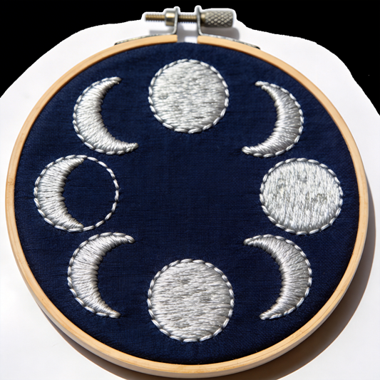 Moon Phases Embroidery Hoop - Celestial Silver Thread on Navy