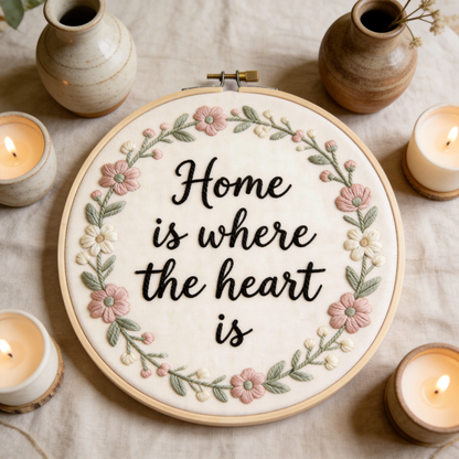 Farmhouse Quote Embroidery Hoop - Home is Where the Heart Is