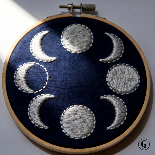 Moon Phases Embroidery Hoop - Celestial Silver Thread on Navy