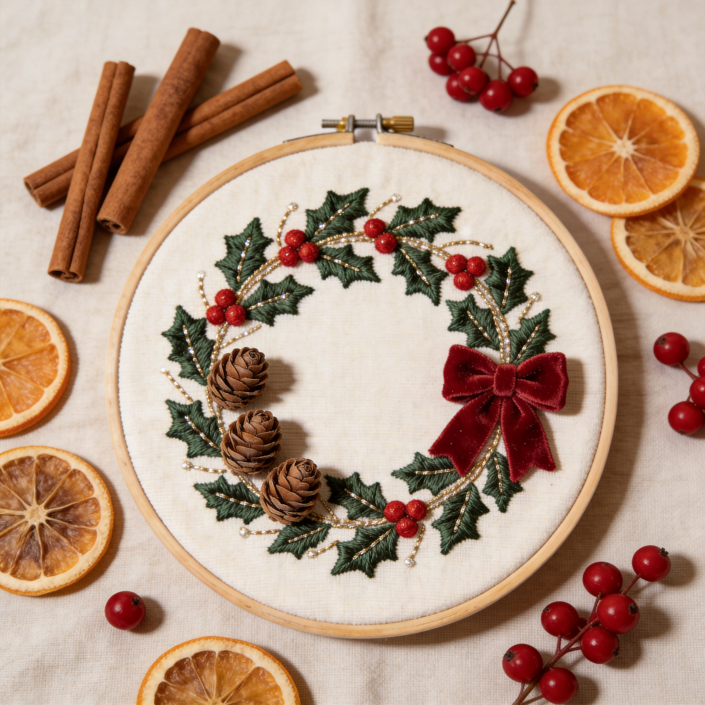 Christmas Wreath Embroidery Hoop - Holiday Holly & Red Berries