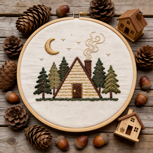 Mountain Cabin Embroidery Hoop - Rustic Lodge Forest Art