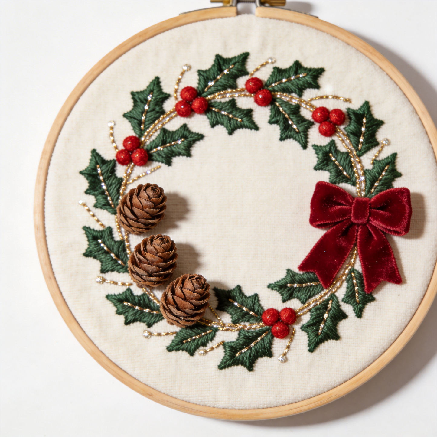 Christmas Wreath Embroidery Hoop - Holiday Holly & Red Berries