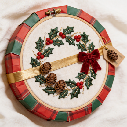 Christmas Wreath Embroidery Hoop - Holiday Holly & Red Berries
