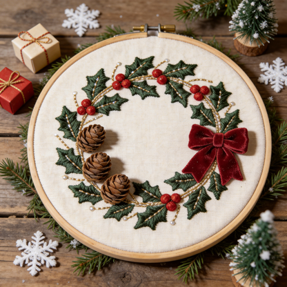Christmas Wreath Embroidery Hoop - Holiday Holly & Red Berries