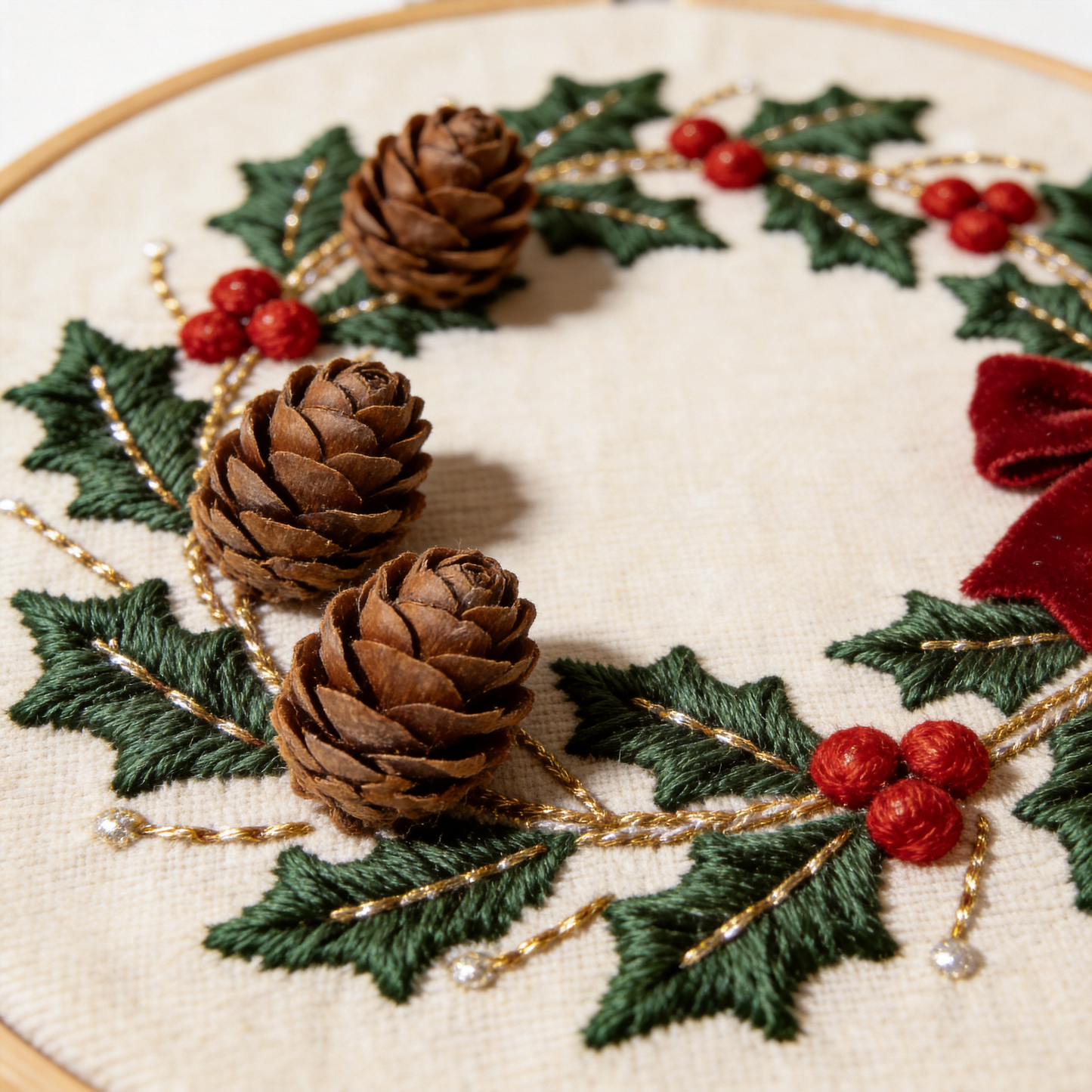 Christmas Wreath Embroidery Hoop - Holiday Holly & Red Berries