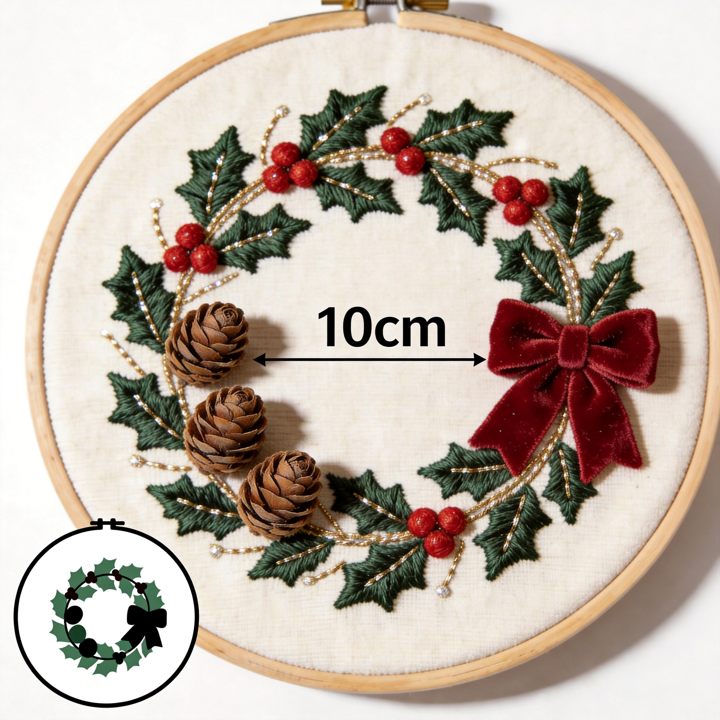 Christmas Wreath Embroidery Hoop - Holiday Holly & Red Berries