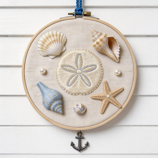 Seashell Embroidery Hoop - Coastal Beach Cottage Decor