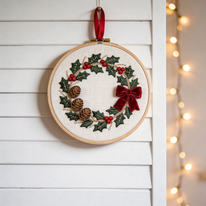 Christmas Wreath Embroidery Hoop - Holiday Holly & Red Berries