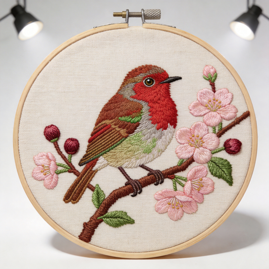 Robin on Cherry Branch Embroidery Hoop - Spring Bird Art