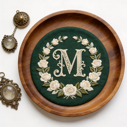 Vintage Monogram Embroidery Hoop - Custom Initial Floral Wreath