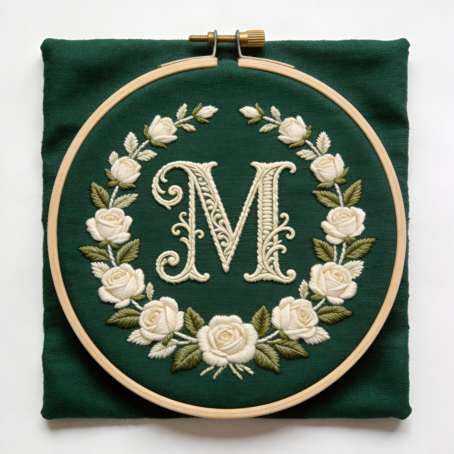 Vintage Monogram Embroidery Hoop - Custom Initial Floral Wreath