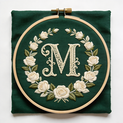 Vintage Monogram Embroidery Hoop - Custom Initial Floral Wreath