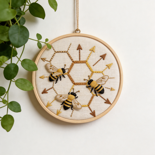 Bee & Honeycomb Embroidery Hoop - Hexagon Pattern with Bees