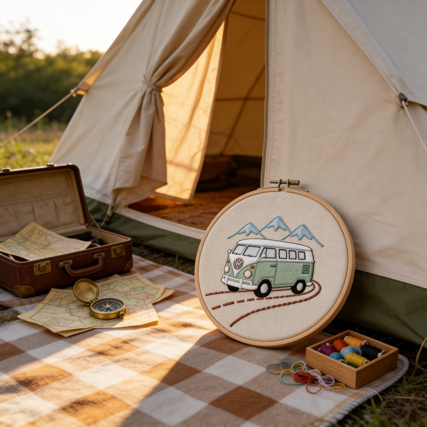 Vintage VW Bus Embroidery Hoop - Retro Travel Adventure Art