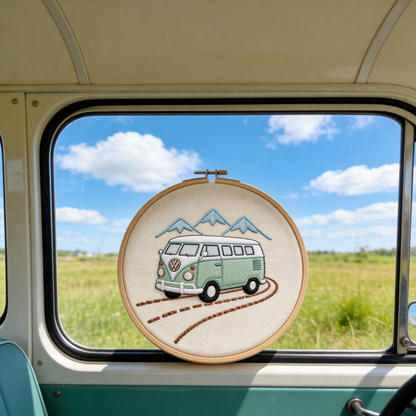 Vintage VW Bus Embroidery Hoop - Retro Travel Adventure Art