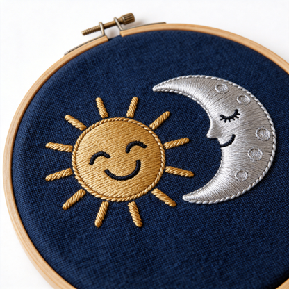 Sun and Moon Embroidery Hoop - Day and Night Celestial Art