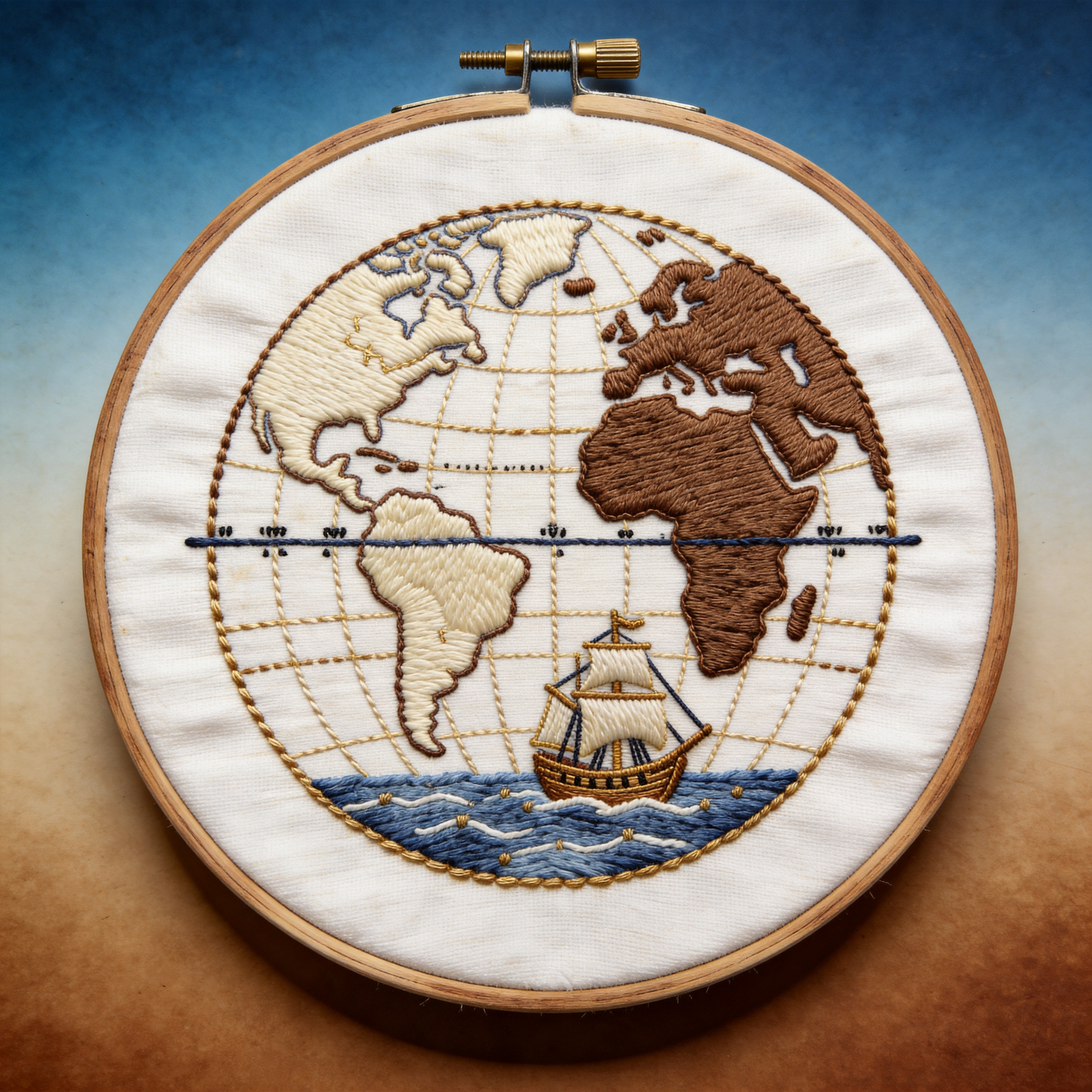 Vintage Globe Embroidery Hoop - Old World Map Explorer Art