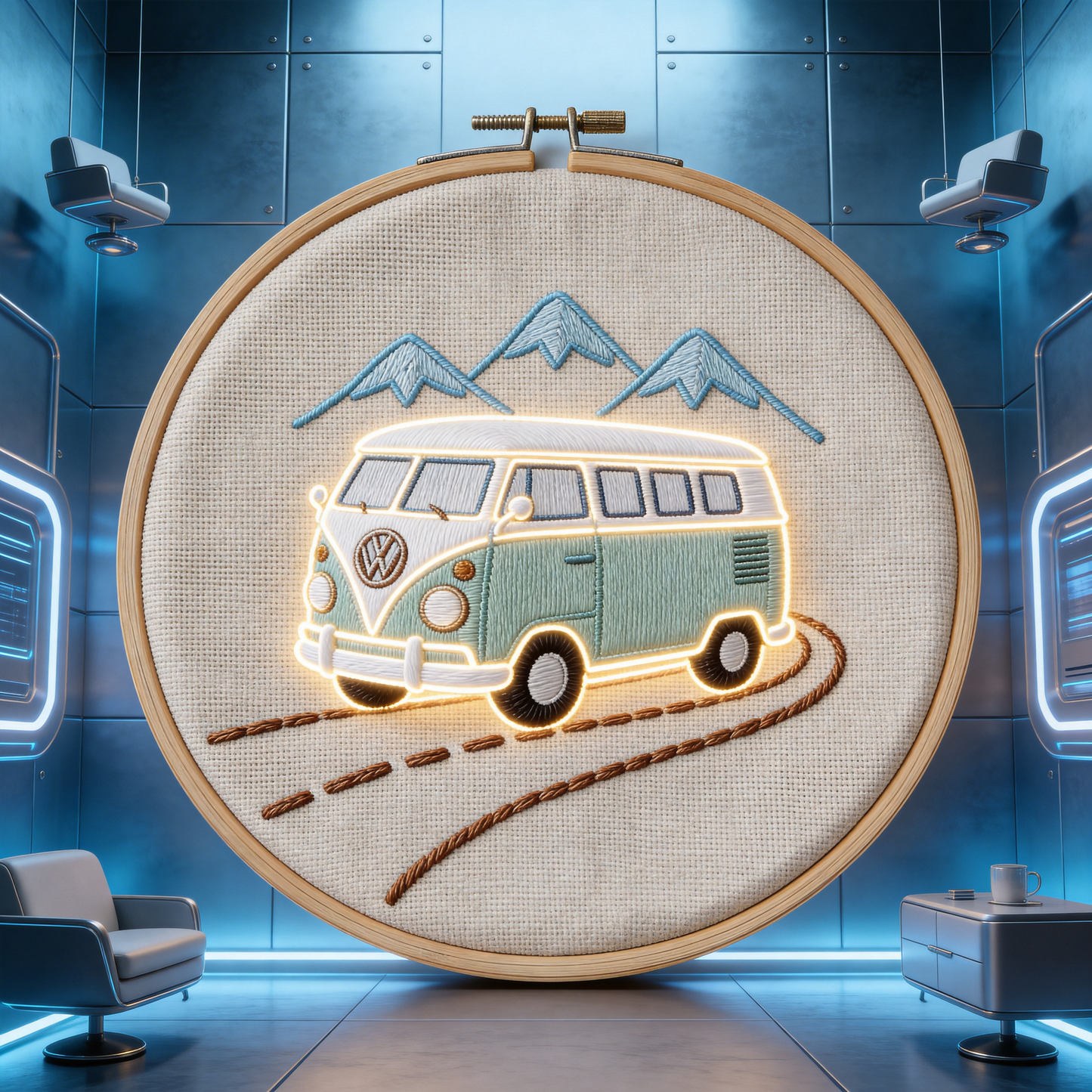 Vintage VW Bus Embroidery Hoop - Retro Travel Adventure Art