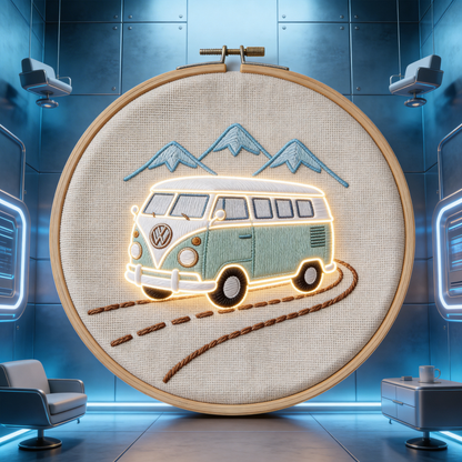 Vintage VW Bus Embroidery Hoop - Retro Travel Adventure Art