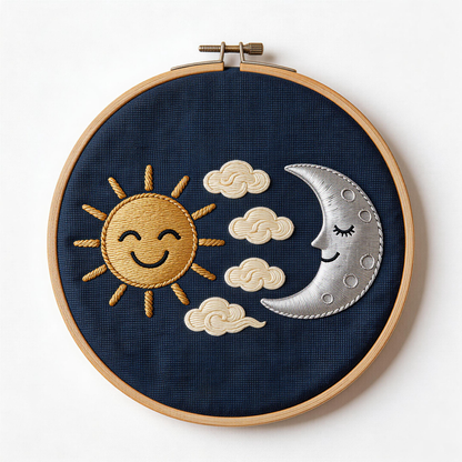 Sun and Moon Embroidery Hoop - Day and Night Celestial Art