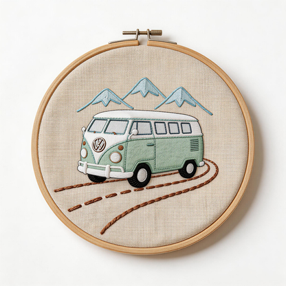 Vintage VW Bus Embroidery Hoop - Retro Travel Adventure Art