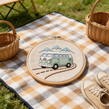 Vintage VW Bus Embroidery Hoop - Retro Travel Adventure Art