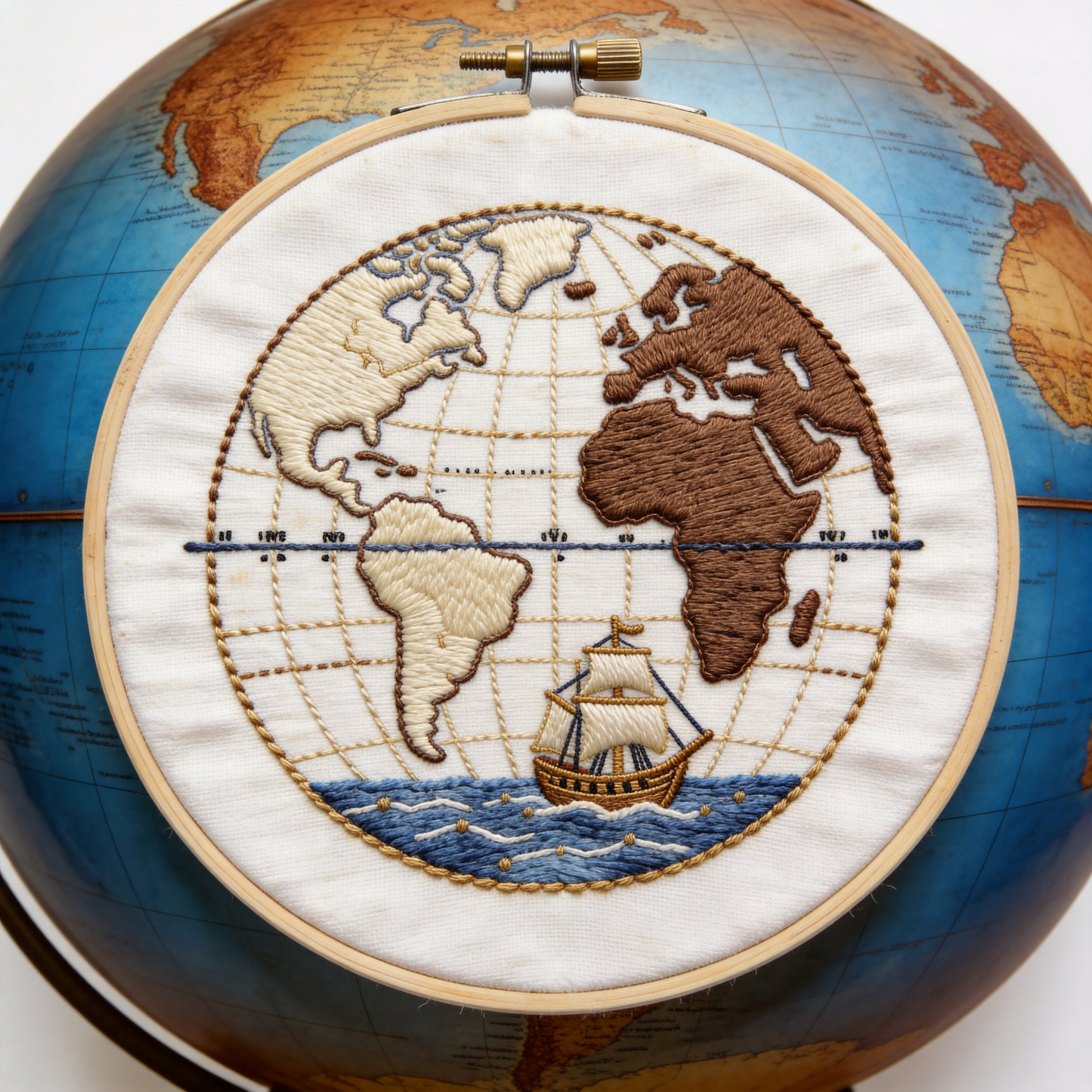 Vintage Globe Embroidery Hoop - Old World Map Explorer Art