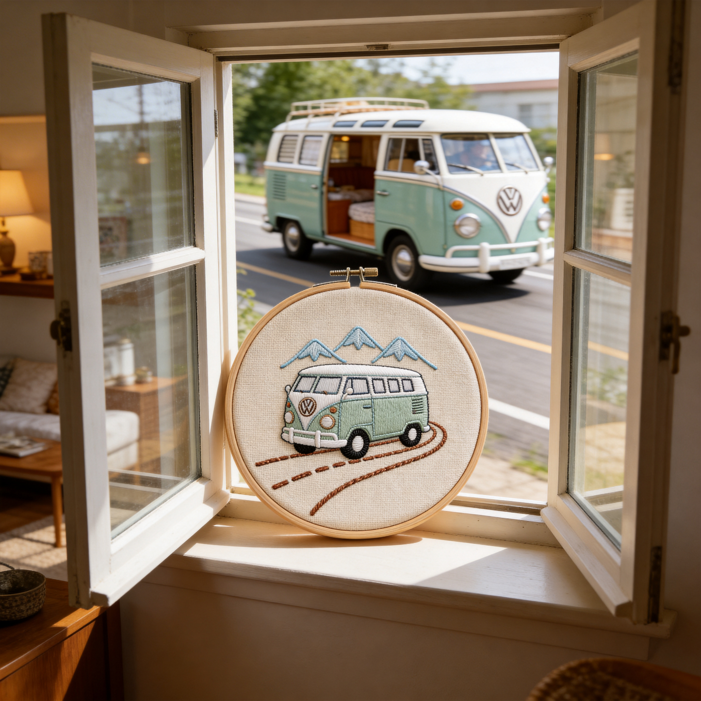 Vintage VW Bus Embroidery Hoop - Retro Travel Adventure Art