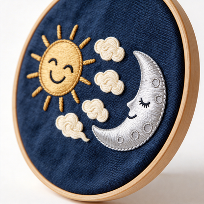Sun and Moon Embroidery Hoop - Day and Night Celestial Art